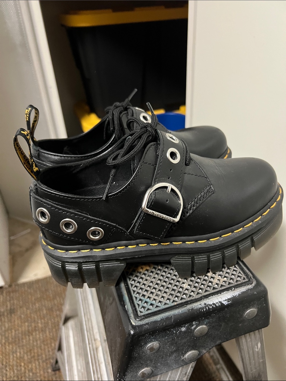 Dr. Martens Black Leather Lug-Sole Mary Jane Shoes with Yellow Stitching - Picture 2 of 7